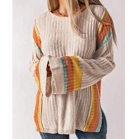 03 Cozy Color Block Loose Fit Sweater Top - Picture 2 of 8